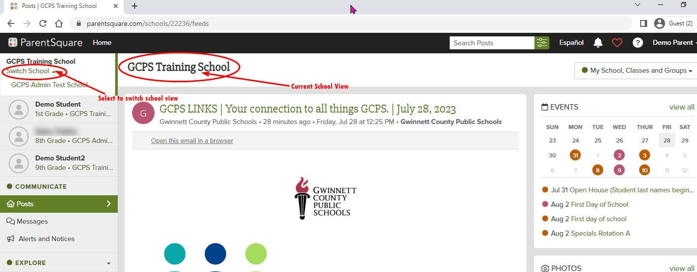 Image of site screen with switching schools